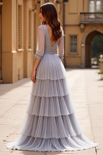 Grey Tulle A Line Long Sleeves Tiered Long Formal Dress